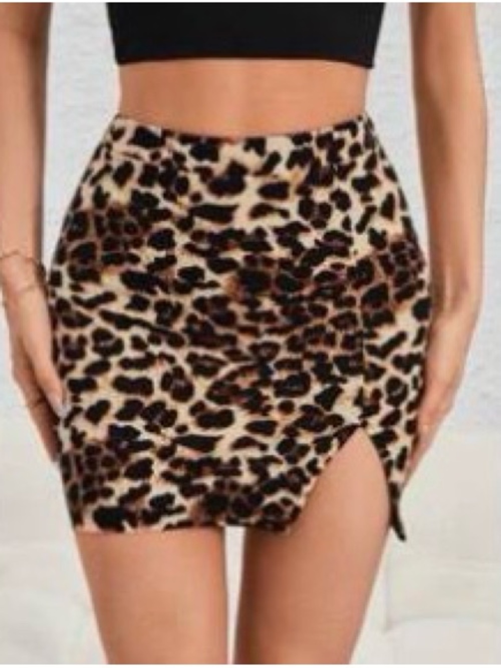 Leopard Print Mini Skirt with Side Slit - Brown